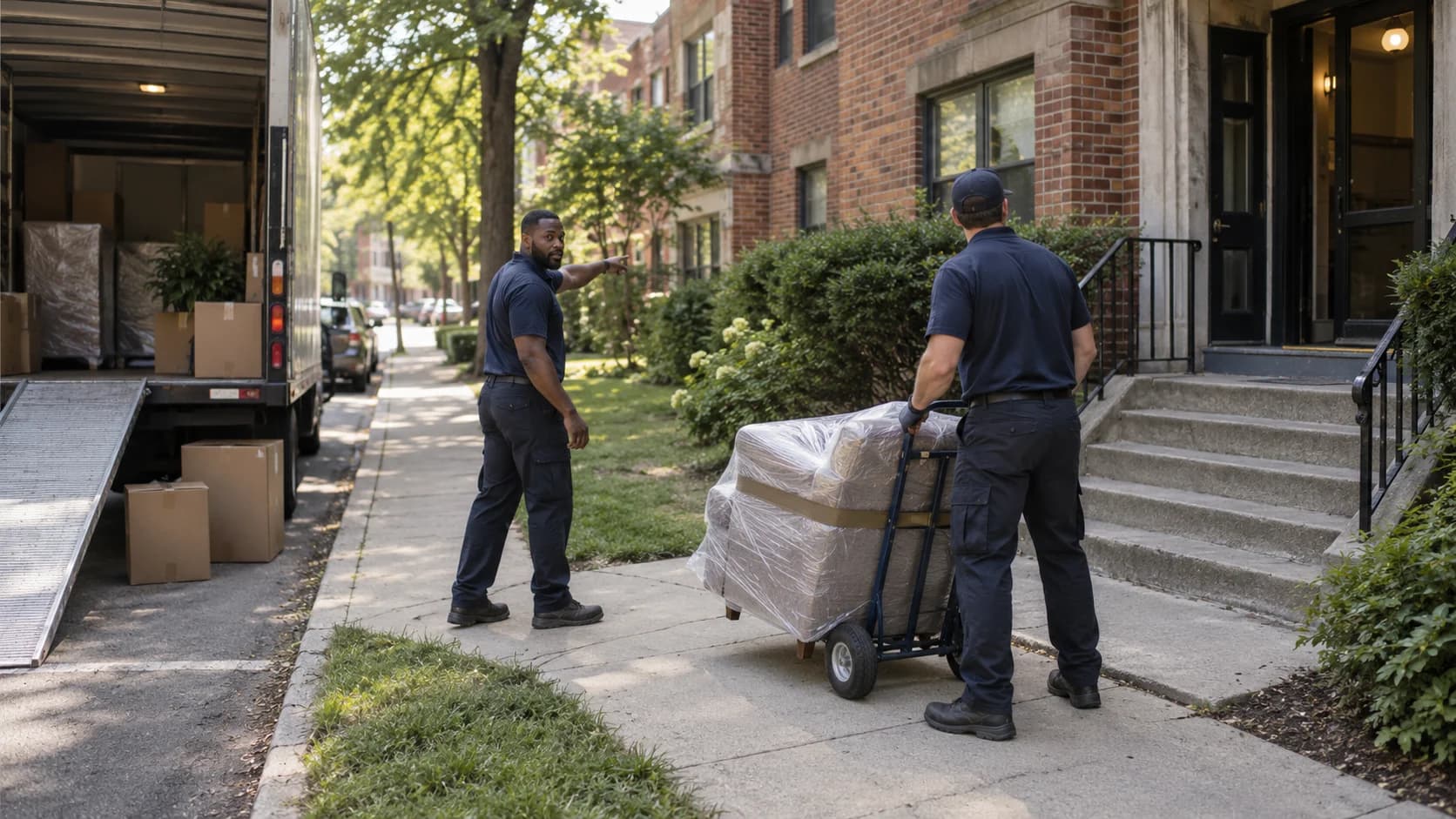 Movers planning access between a parked truck and the front steps of an apartment building