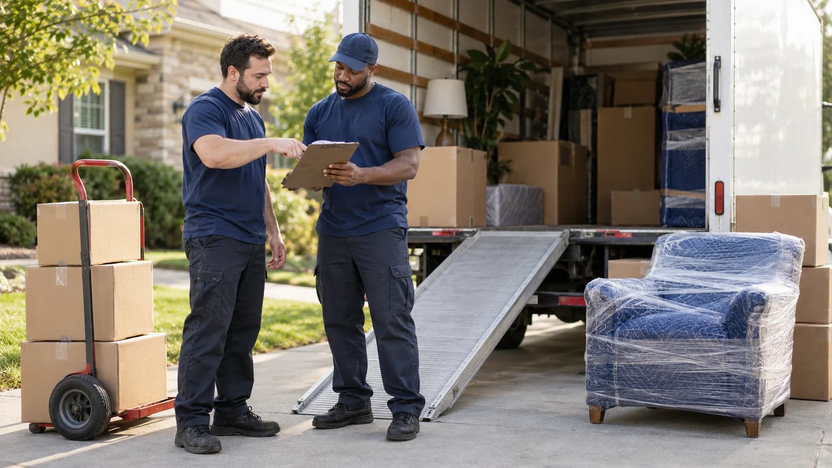 Two movers checking job instructions on a clipboard beside their loaded truck and a wrapped armchair