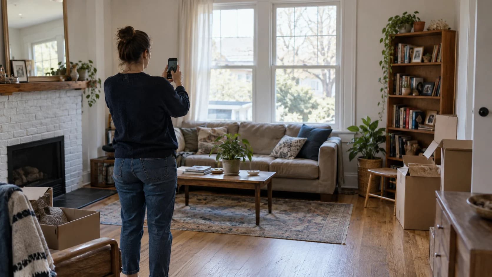 A customer recording her living room on a phone, with packed boxes beside the furniture