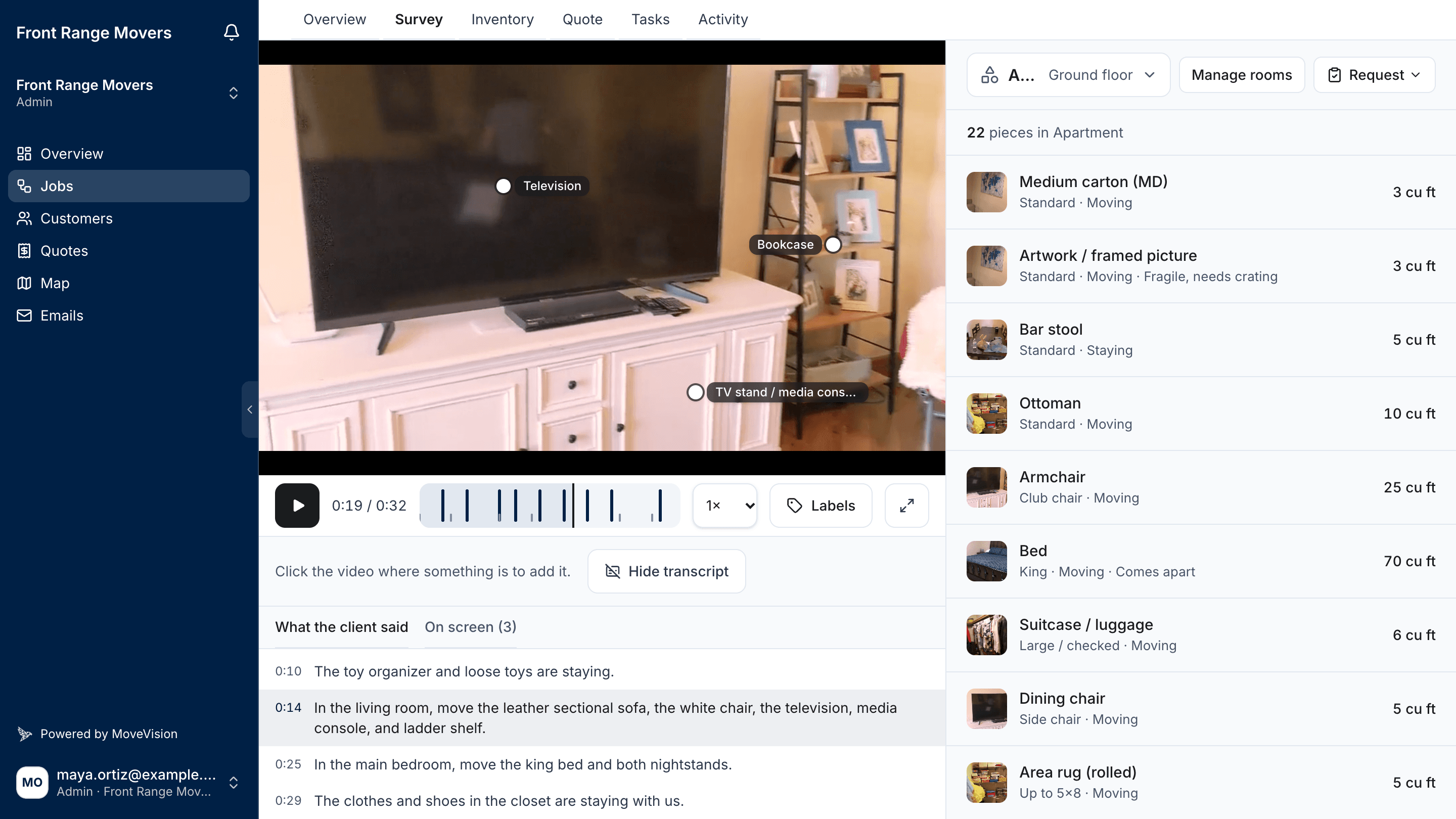The MoveVision dashboard with a customer's survey clip playing, items pinned on the footage, the customer's own words below it, and the drafted inventory beside it